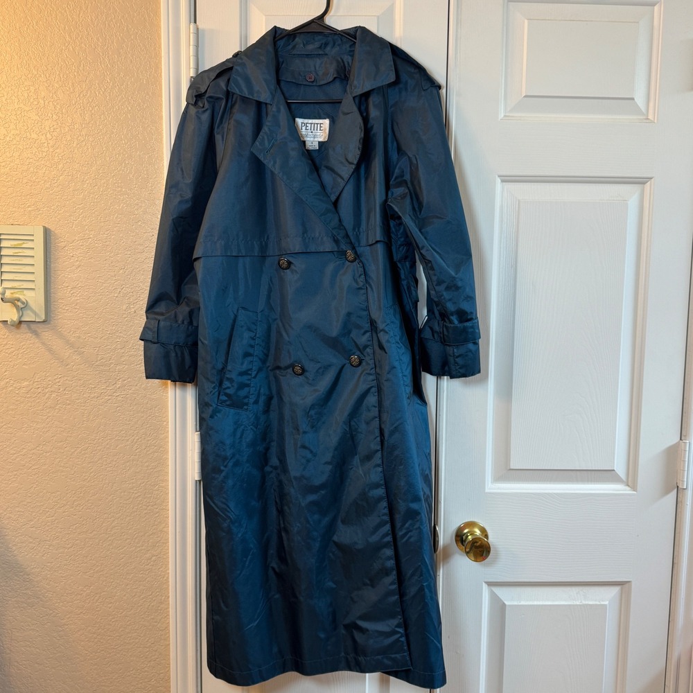 Vintage Petite Sophisticate Teal Shiny Trench Duster Coat Women's Sz 4, No Belt